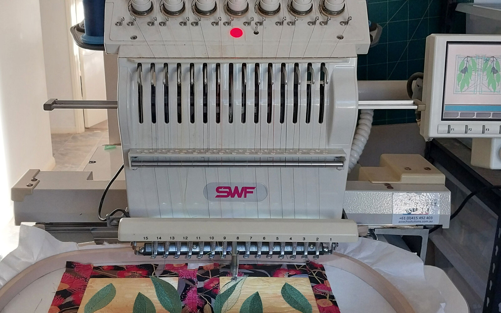 Lyn Kenny multi needle embroidery machine stitching gum leaf blocks
